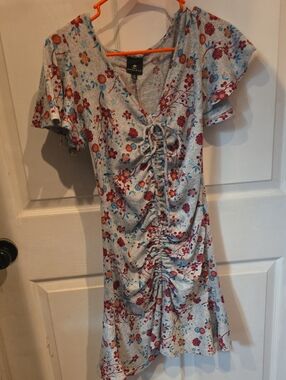 Vintage Floral Tie-Front Ruffle Dress - Grey with Red & Blue Flowers